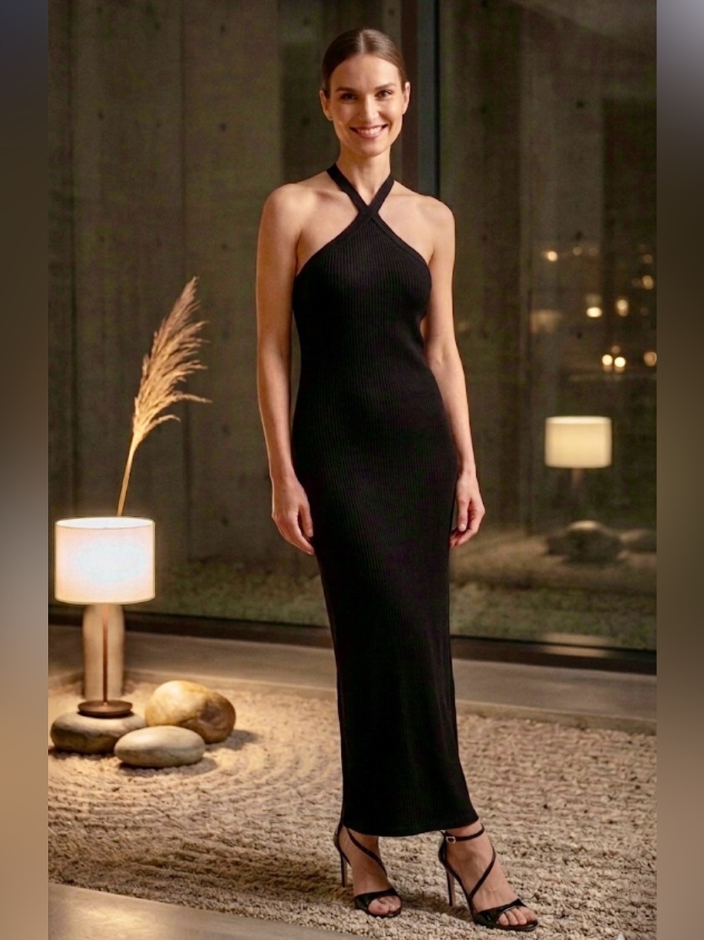 Black Ribbed Cross-Back Maxi Dress - Size Small